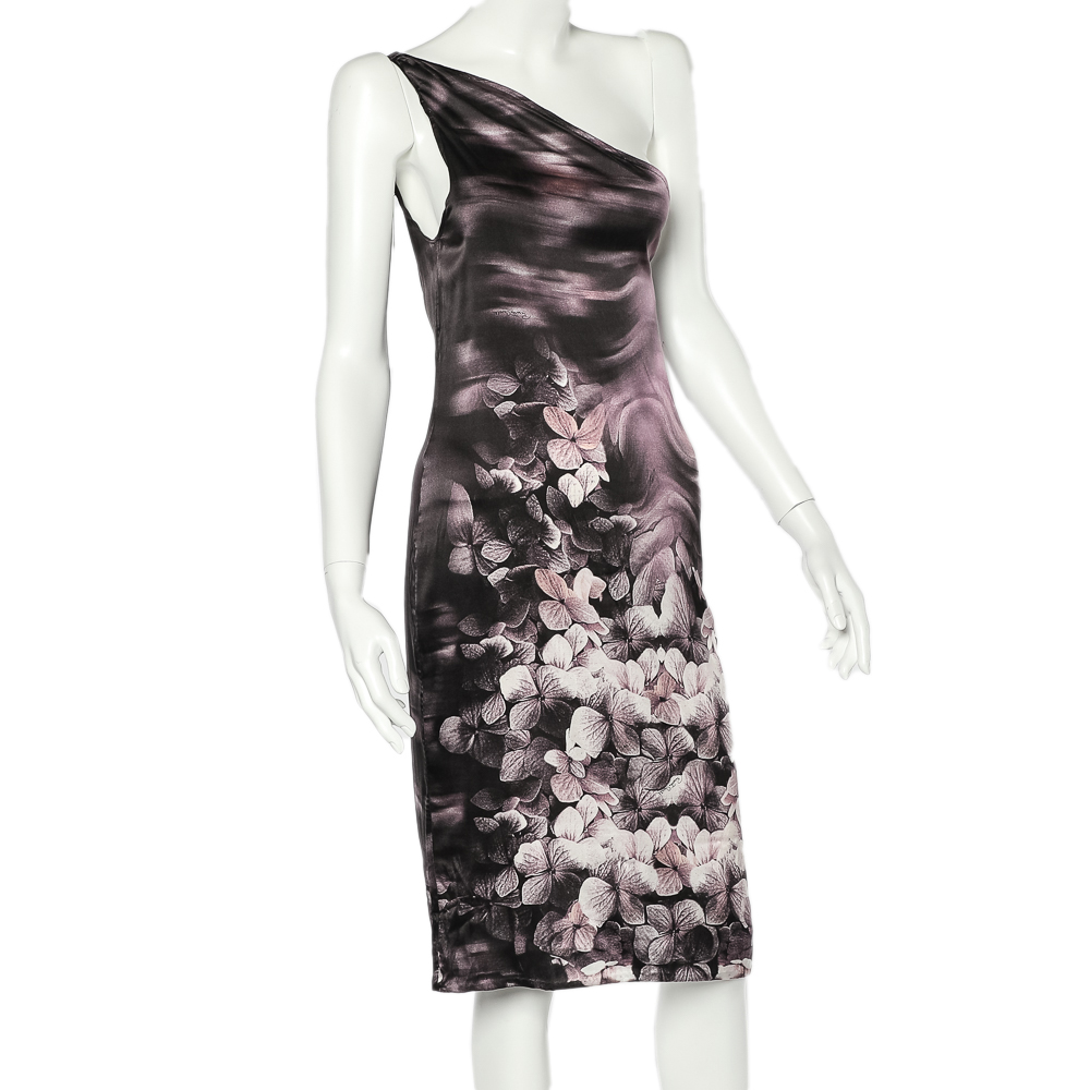 

Roberto Cavalli Purple Floral Printed Stretch Satin One Shoulder Mini Dress