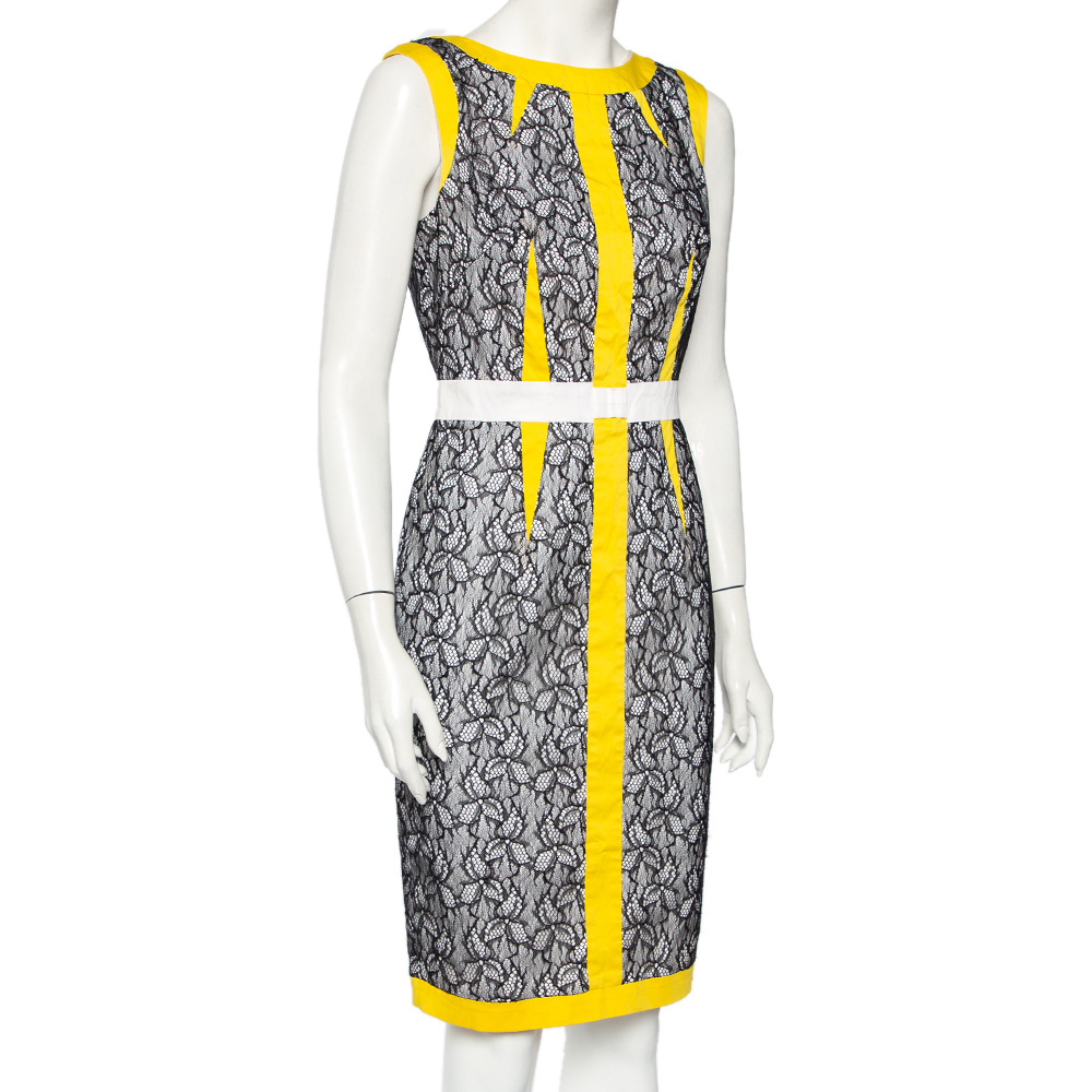 

Cavalli Class Yellow & Black Lace Mixed Media Sleeveless Sheath Dress