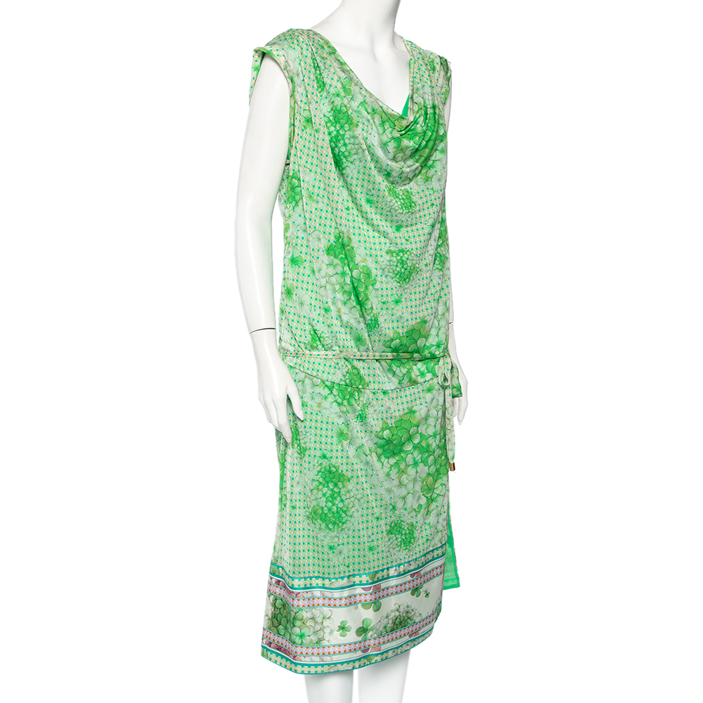 

Roberto Cavalli Green Printed Georgette & Satin Paneled Belted Midi Dress