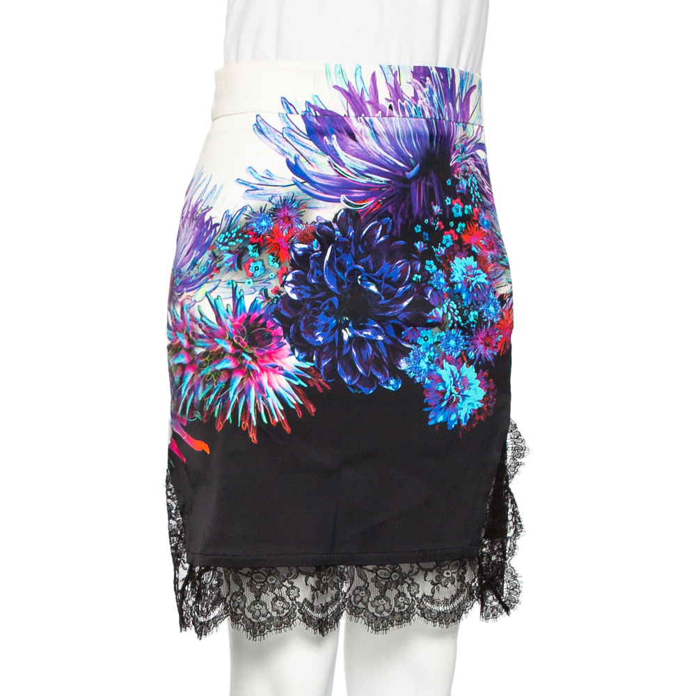 

Roberto Cavalli Multicolor Stretch Crepe Lace Hem Mini Skirt