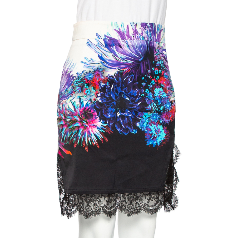 

Roberto Cavalli Multicolor Stretch Crepe Lace Hem Mini Skirt