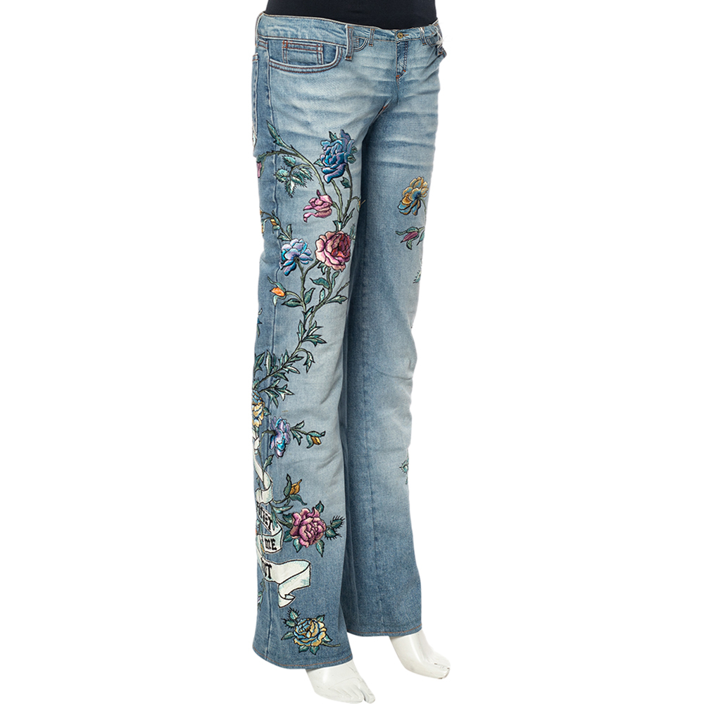 

Roberto Cavalli Blue Floral Embroidered Denim Wide Leg Jeans