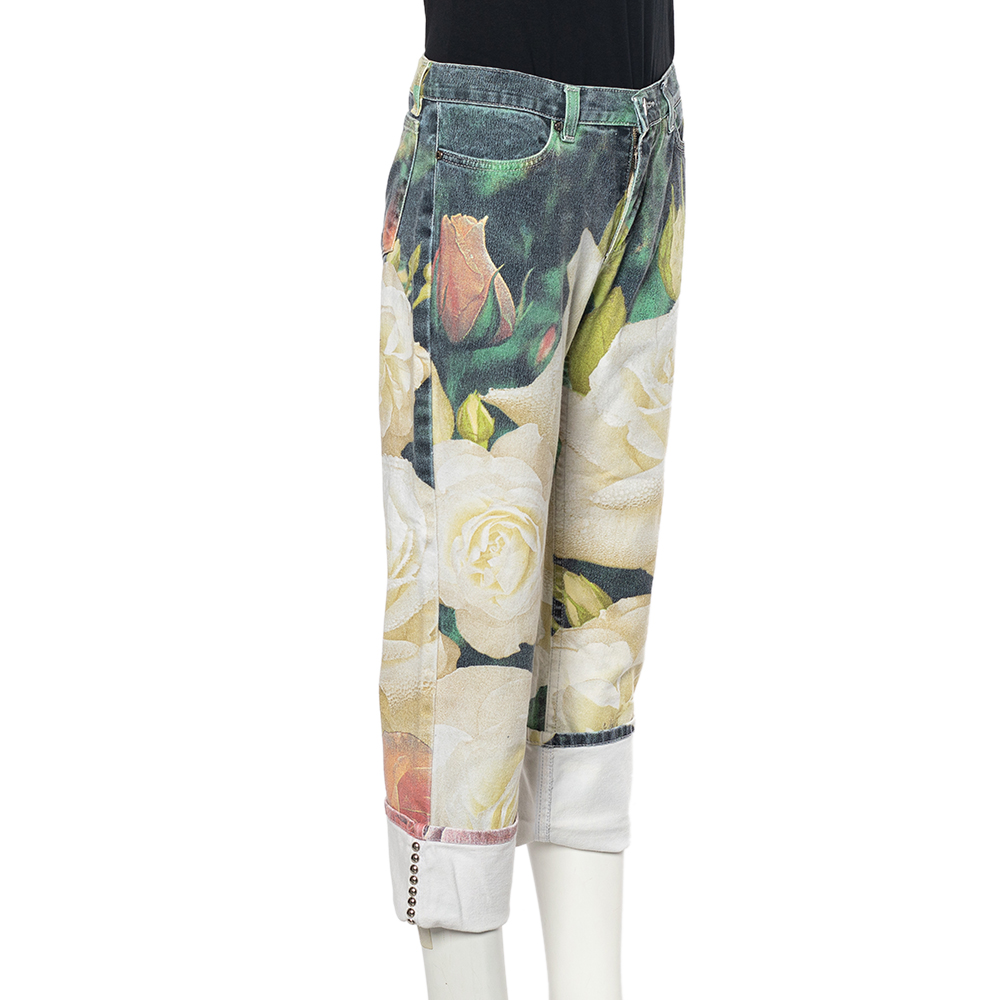 

Roberto Cavalli White Floral Printed Denim Cuffed Hem Jeans