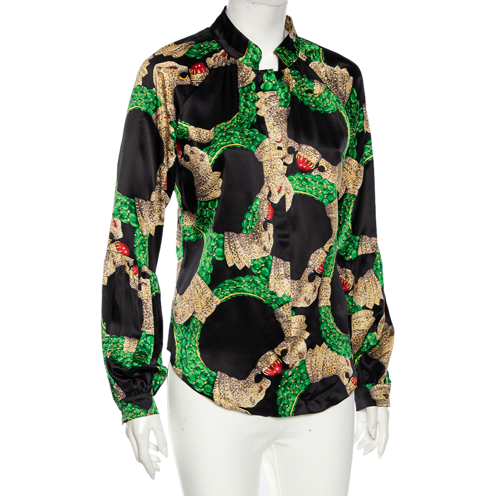 

Roberto Cavalli Black Embellished Print Silk Button Front Shirt