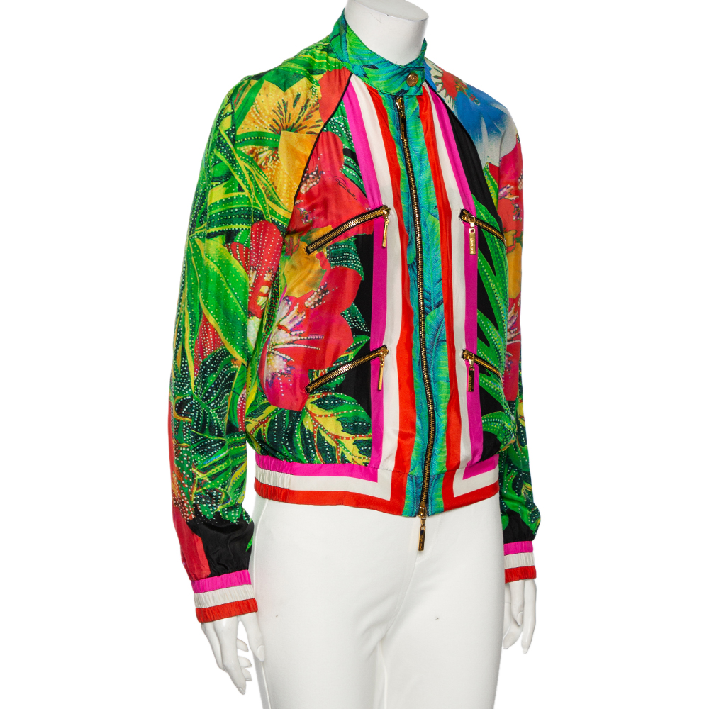 

Roberto Cavalli Multicolored Tropical Print Silk Bomber Jacket, Multicolor