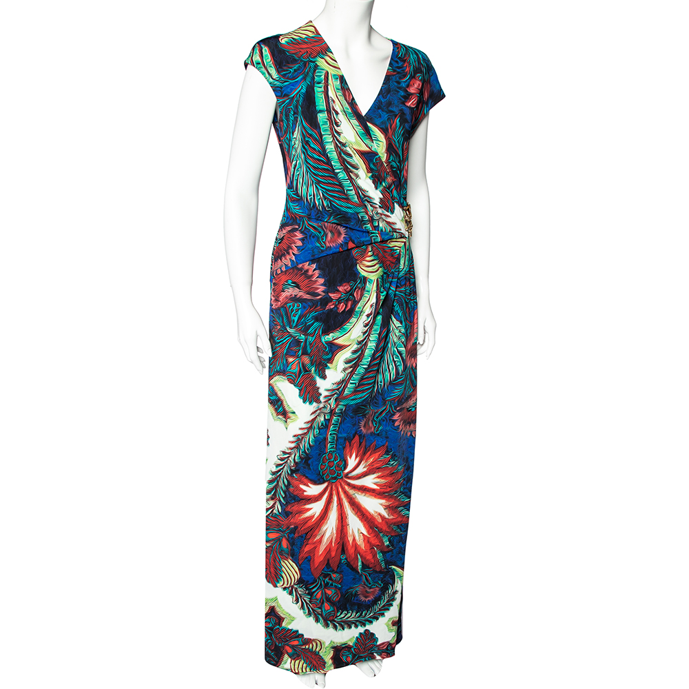 

Roberto Cavalli Multicolor Printed Jersey Faux Wrap Maxi Dress