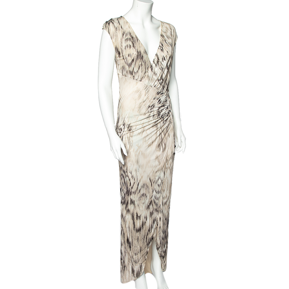 

Roberto Cavalli Beige Printed Jersey Ruch Detail Sleeveless Maxi Dress