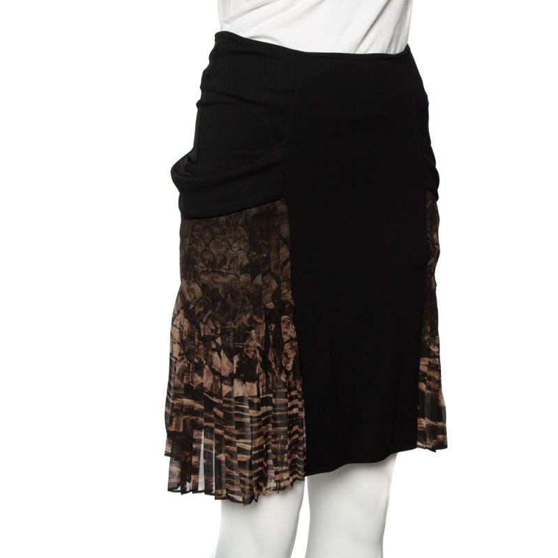 

Roberto Cavalli Black Jersey & Printed Silk Paneled Skirt