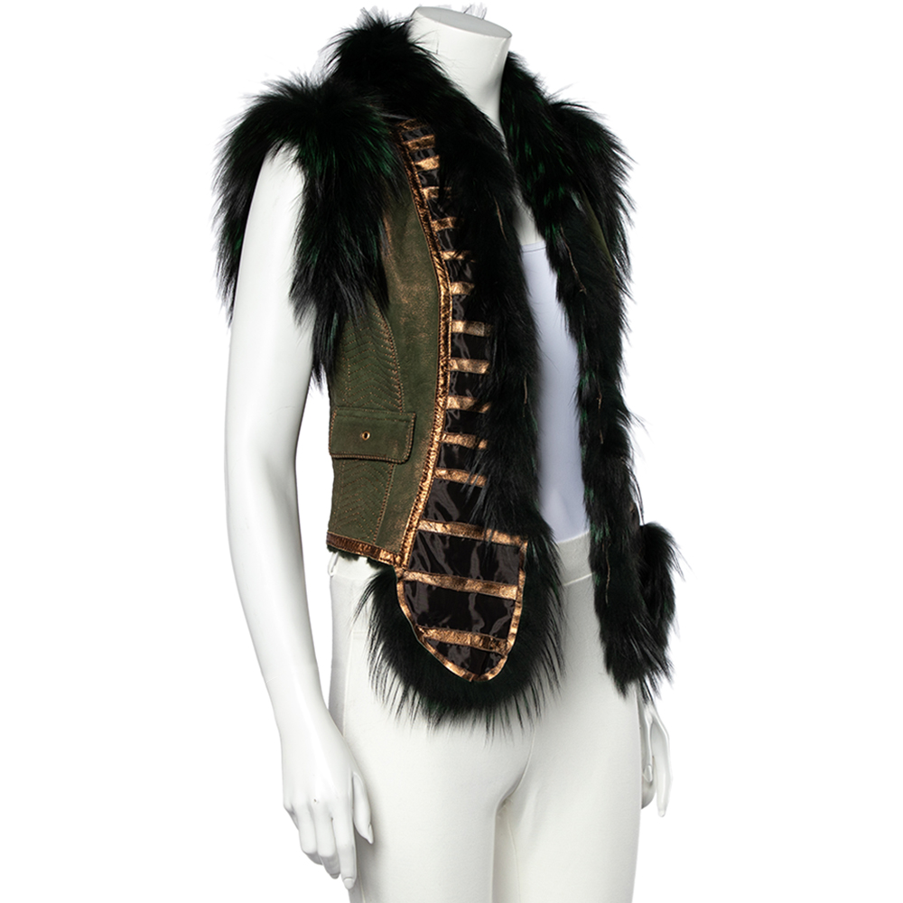 

Roberto Cavalli Green Leather And Fox Fur Lined Vest