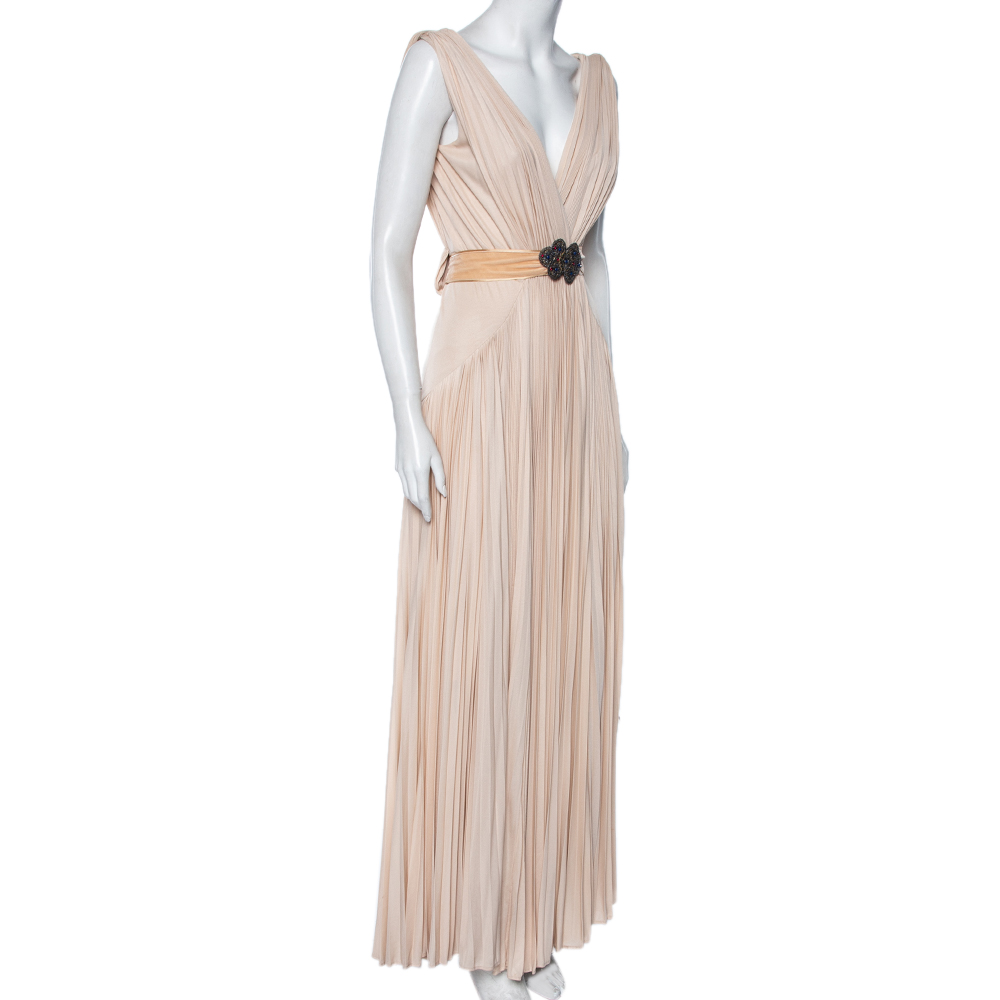 

Roberto Cavalli Beige Knit Plisse Detail Sleeveless Belted Maxi Dress