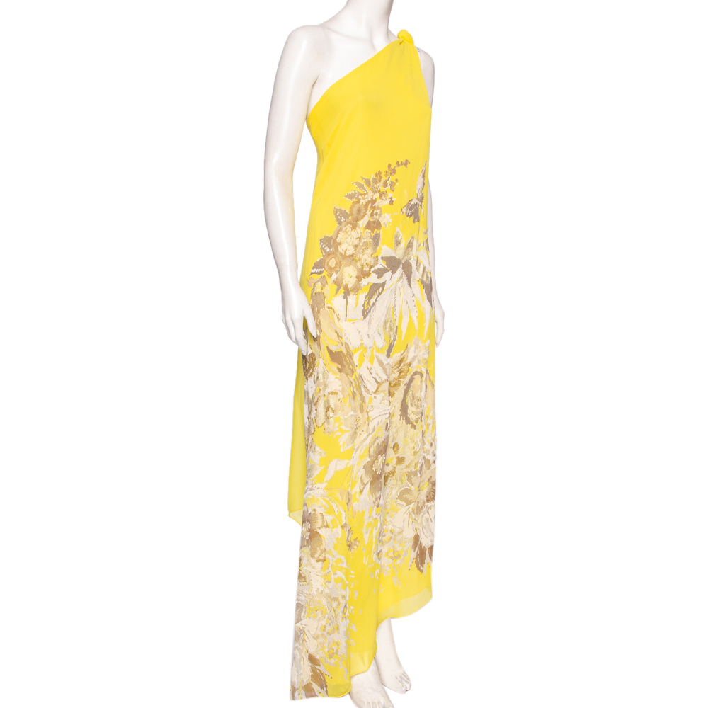 

Roberto Cavalli Yellow Printed Silk Chiffon One Shoulder Toga Cape Dress