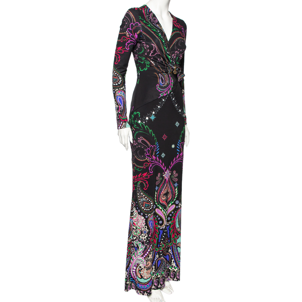 

Roberto Cavalli Black Printed Jersey Plunge Neck Maxi Dress