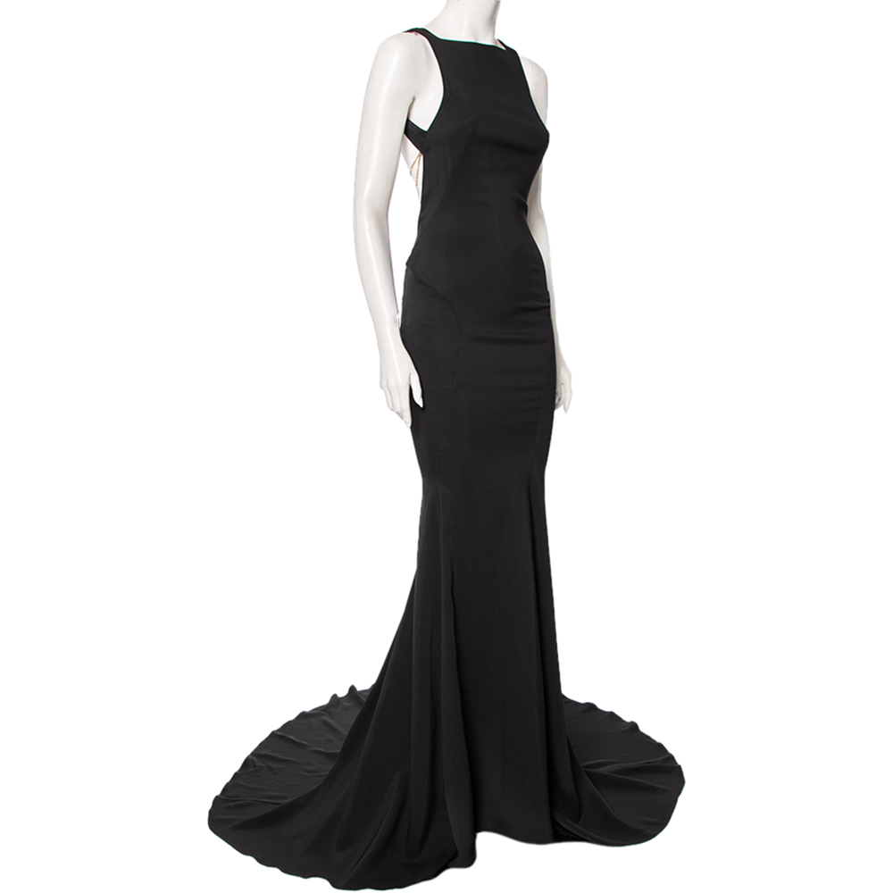 

Roberto Cavalli Black Crepe Snake Back Detail Gown