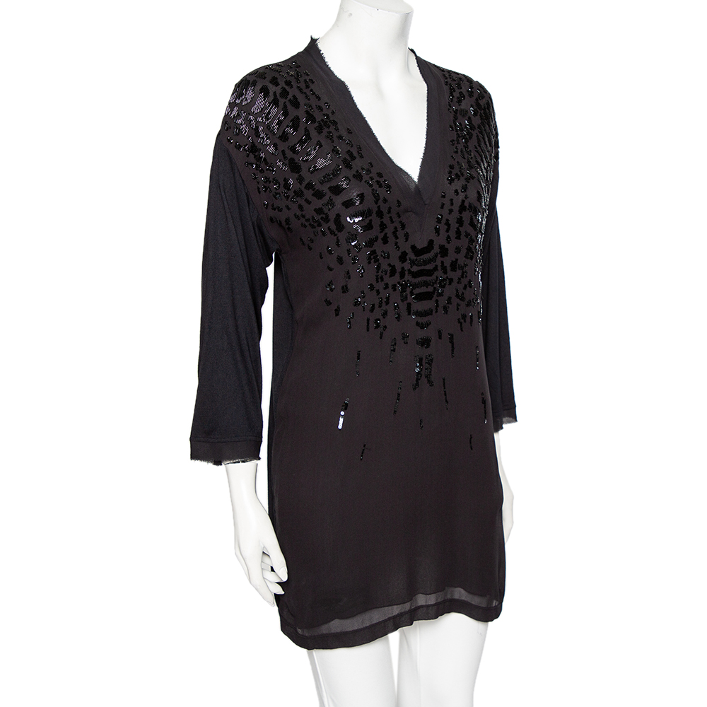 

Roberto Cavalli Black Embellished Silk V-Neck Top