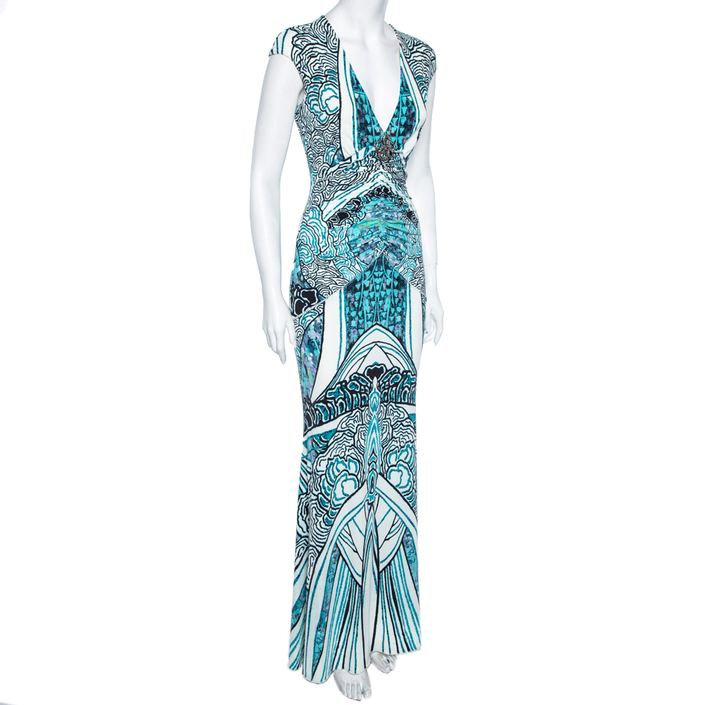 

Roberto Cavalli Blue Printed Jersey Gathered Detail Maxi Dress