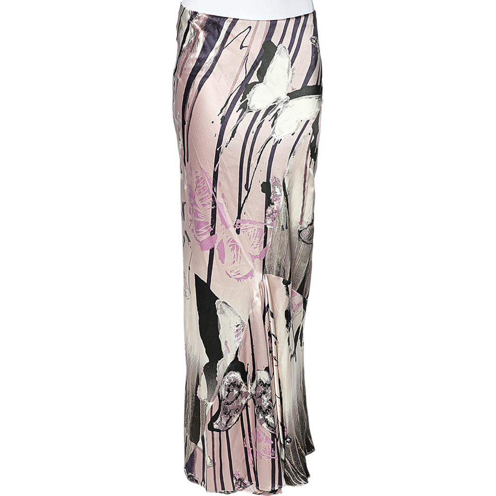 

Roberto Cavalli Pale Pink Butterfly Print Silk Maxi Skirt