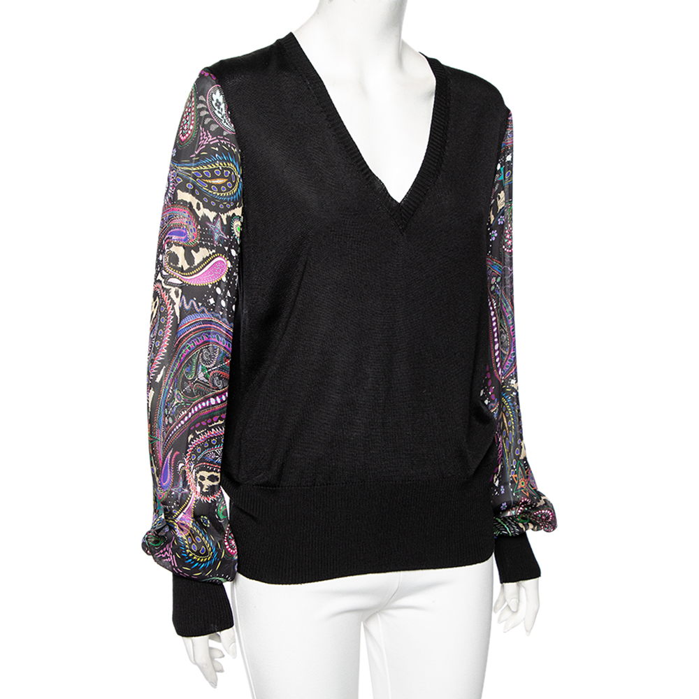 

Roberto Cavalli Black Knit & Silk Inset V-Neck Top