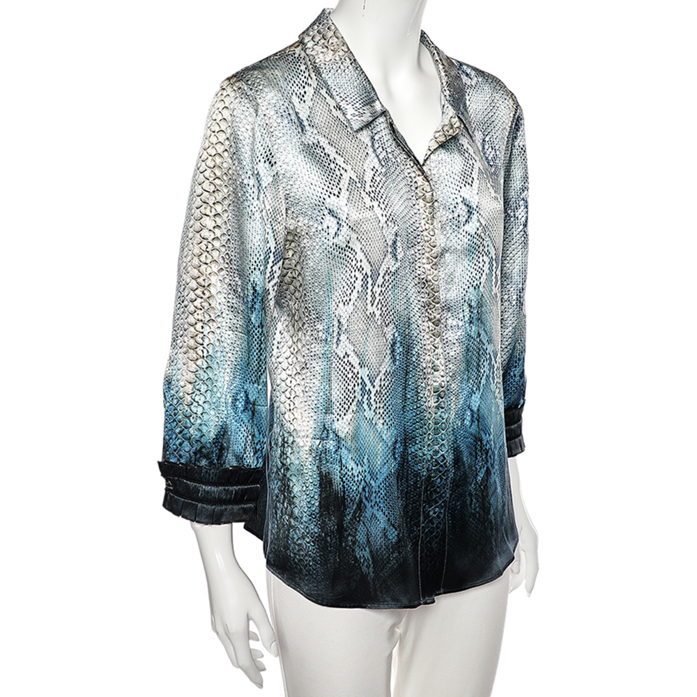 

Roberto Cavalli Blue Animal Printed Silk Satin Shirt