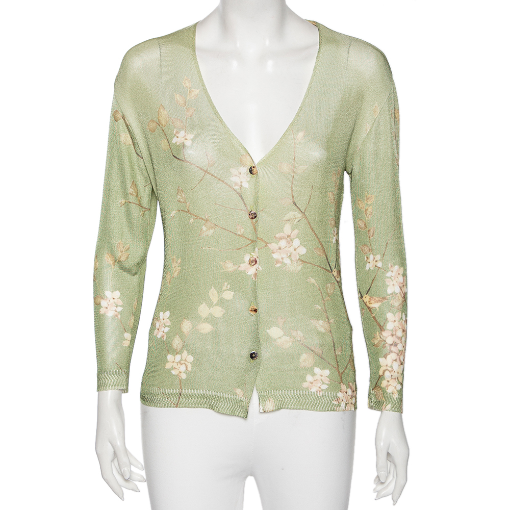 

Roberto Cavalli Green Floral Printed Knit Button Front Cardigan