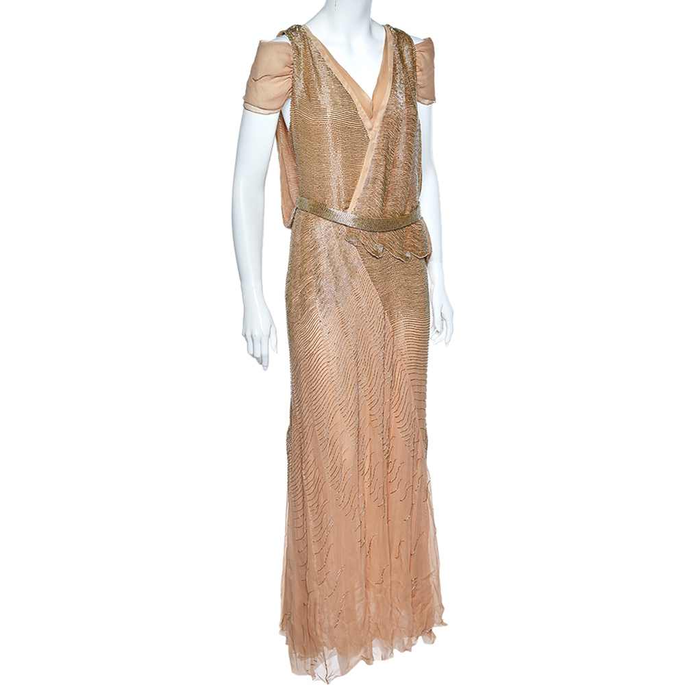 

Roberto Cavalli Gold Bead Embellished Silk Overlay Belted Detail Maxi Dress
