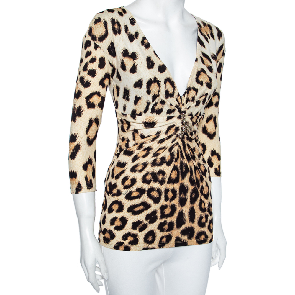 

Roberto Cavalli Animal Printed Jersey Gathered Detail Top, Beige