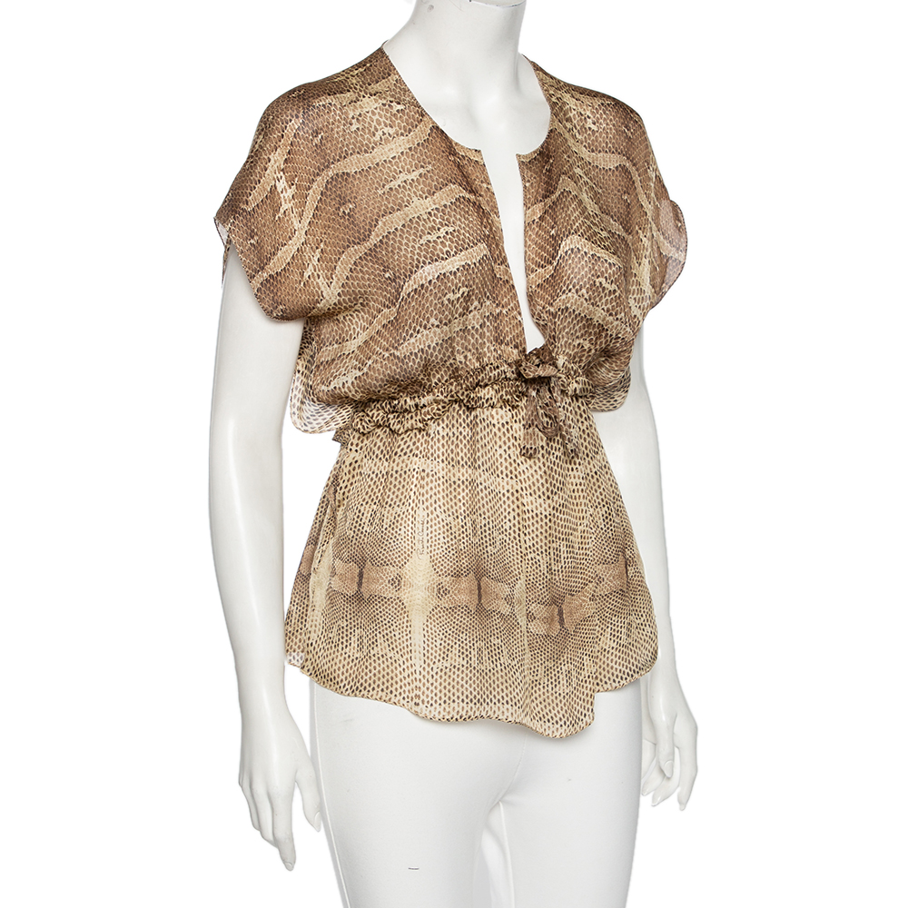 

Roberto Cavalli Brown Snake Print Silk Waist Tie Detailed Top