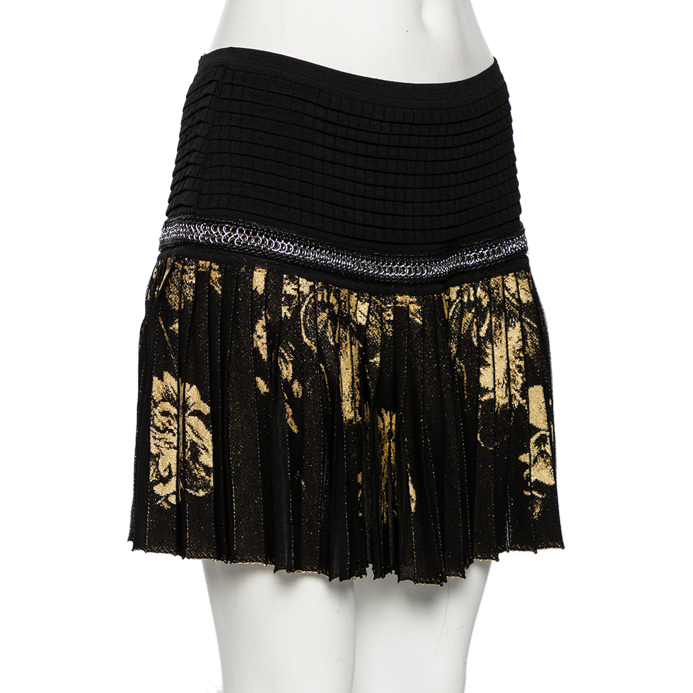 

Roberto Cavalli Black & Gold Lurex Knit Chain Detailed Pleated Mini Skirt