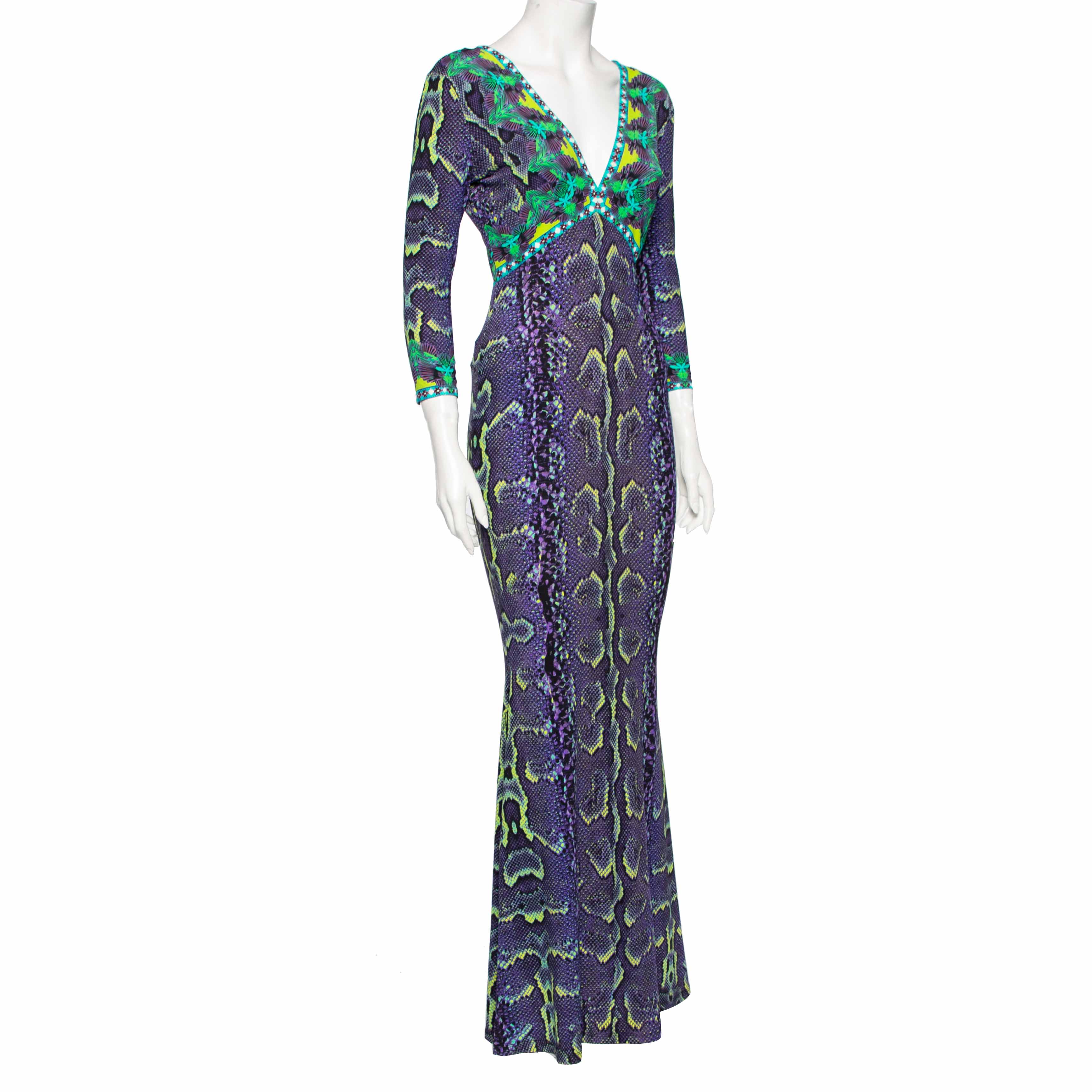 

Roberto Cavalli Purple Snake Print Jersey V-Neck Maxi Dress