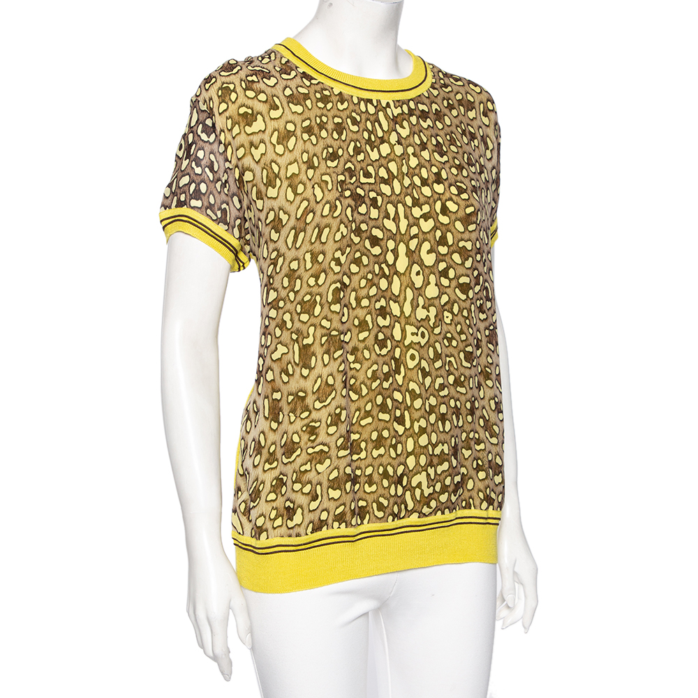 

Roberto Cavalli Montenapoleone Yellow Animal Printed Silk & Knit Paneled T-Shirt