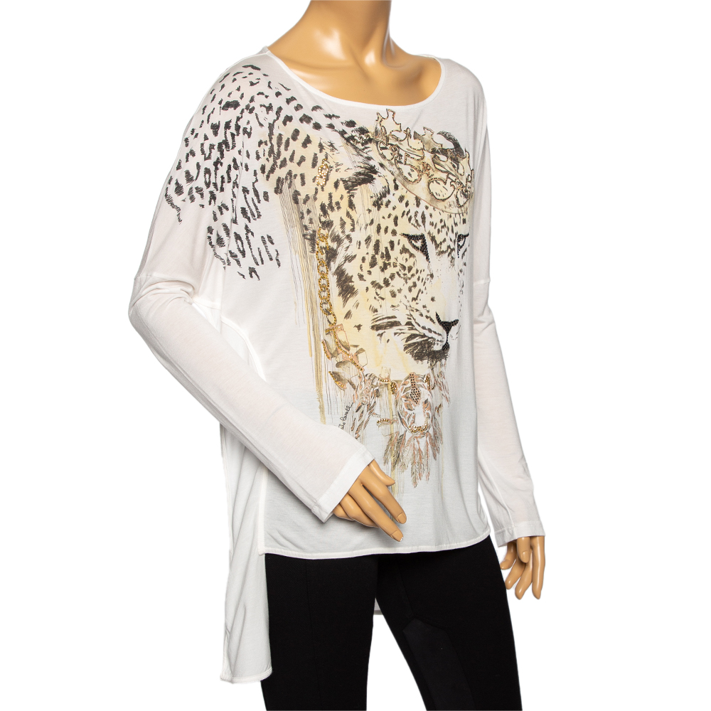 

Roberto Cavalli White Embellished Tiger Print Modal Oversized Top