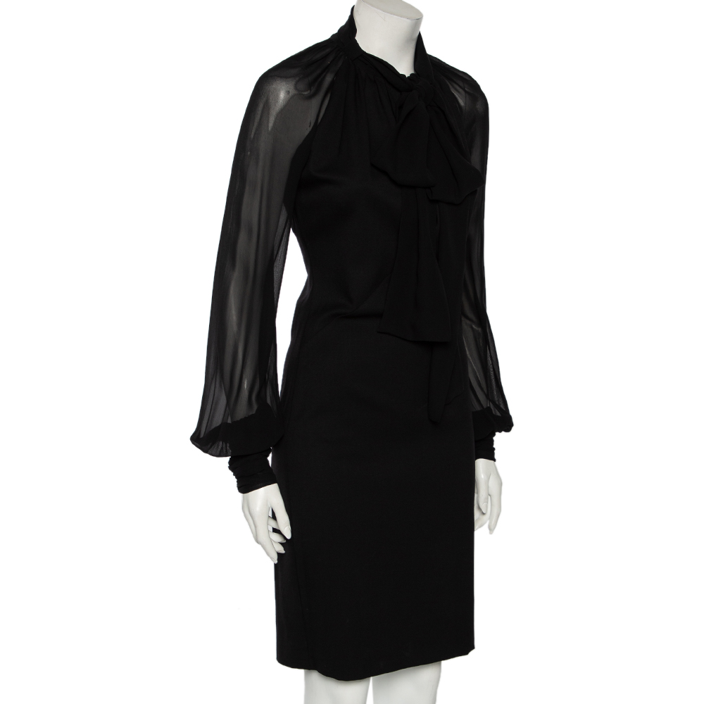 

Roberto Cavalli Black Wool & Silk Inset Detailed Long Sleeve Dress