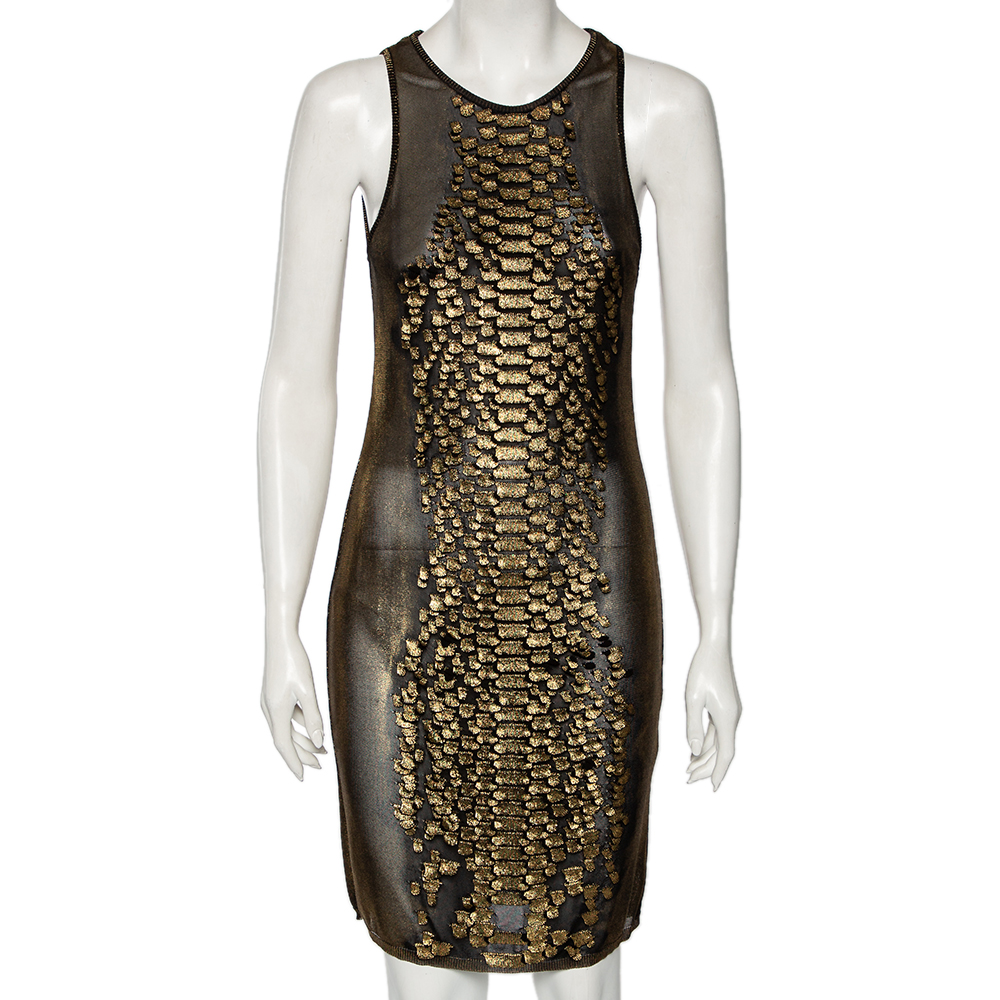 Pre-owned Roberto Cavalli Gold Scale Patterned Knit Short Dress M