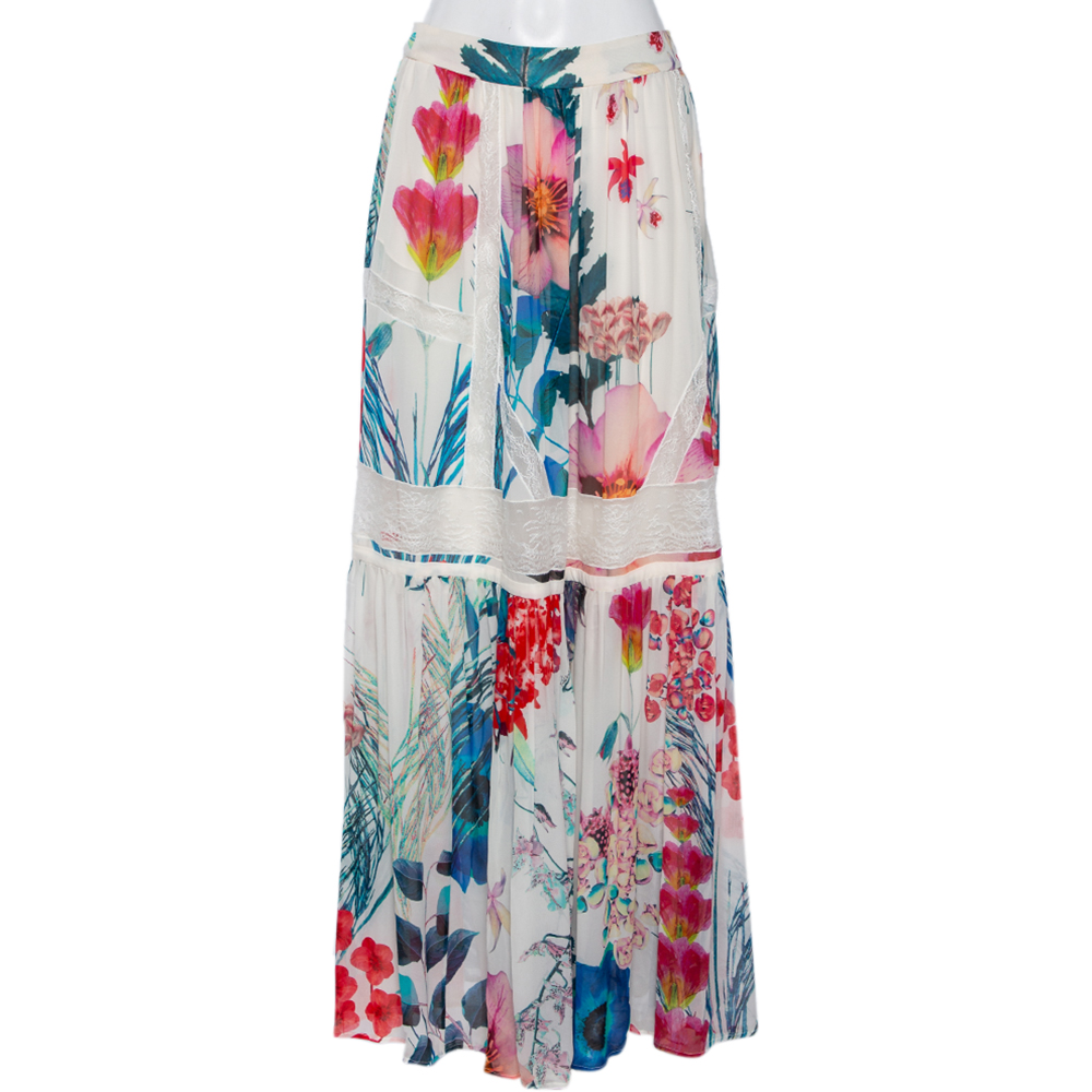 Pre-owned Roberto Cavalli Multicolored Floral Print Silk & Lace Trimmed Midi Skirt S