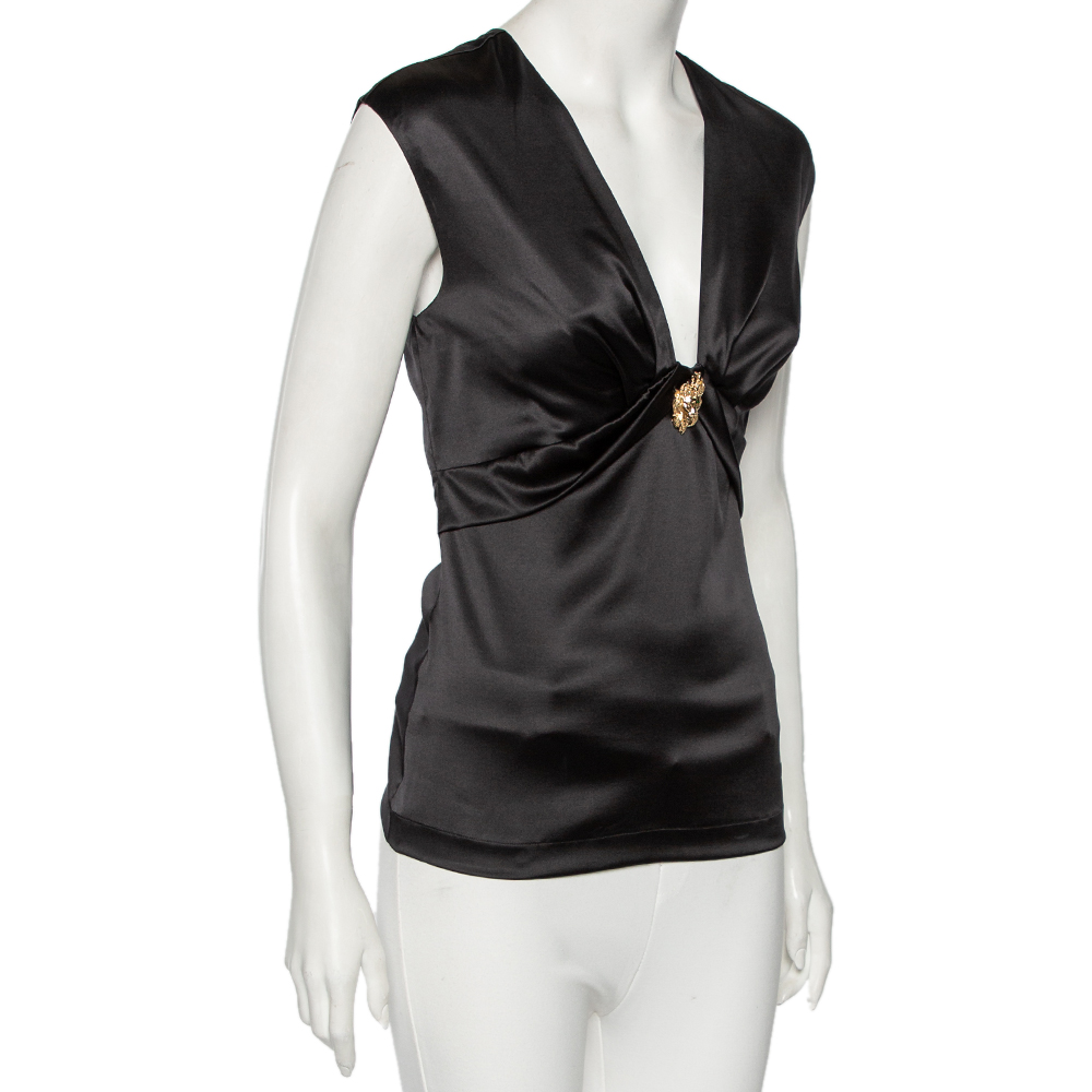 

Roberto Cavalli Black Silk Plunge Neck Top