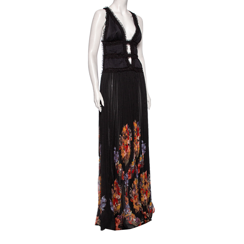 

Roberto Cavalli Black Floral Printed Silk & Lace Trimmed Maxi Dress