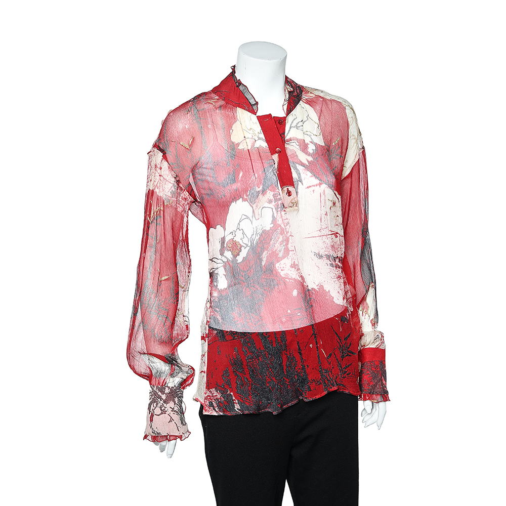

Roberto Cavalli Red Floral Silk Chiffon Long Sleeve Top