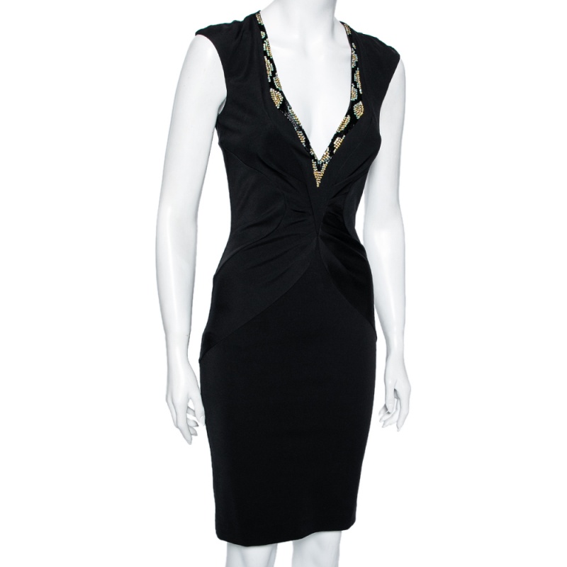 

Roberto Cavalli Black Stretch Knit Embellished Neck Detail Sleeveless Dress