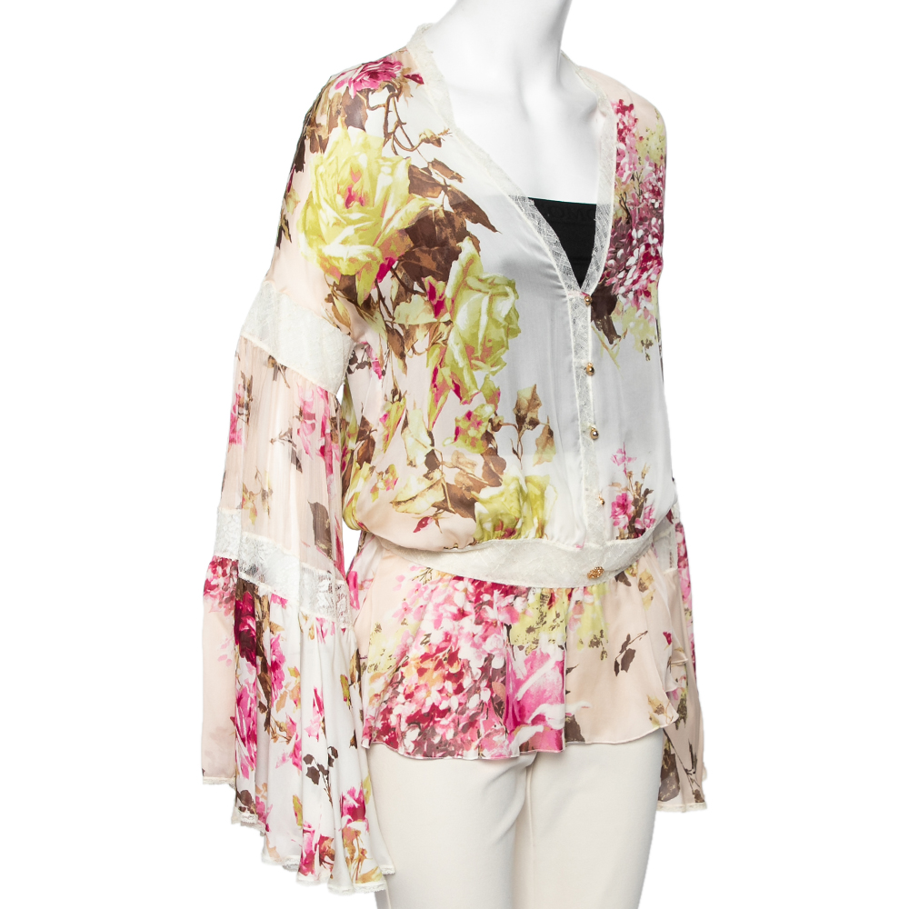 

Roberto Cavalli Multicolored Floral Printed Silk & Lace Trimmed Blouse, Multicolor