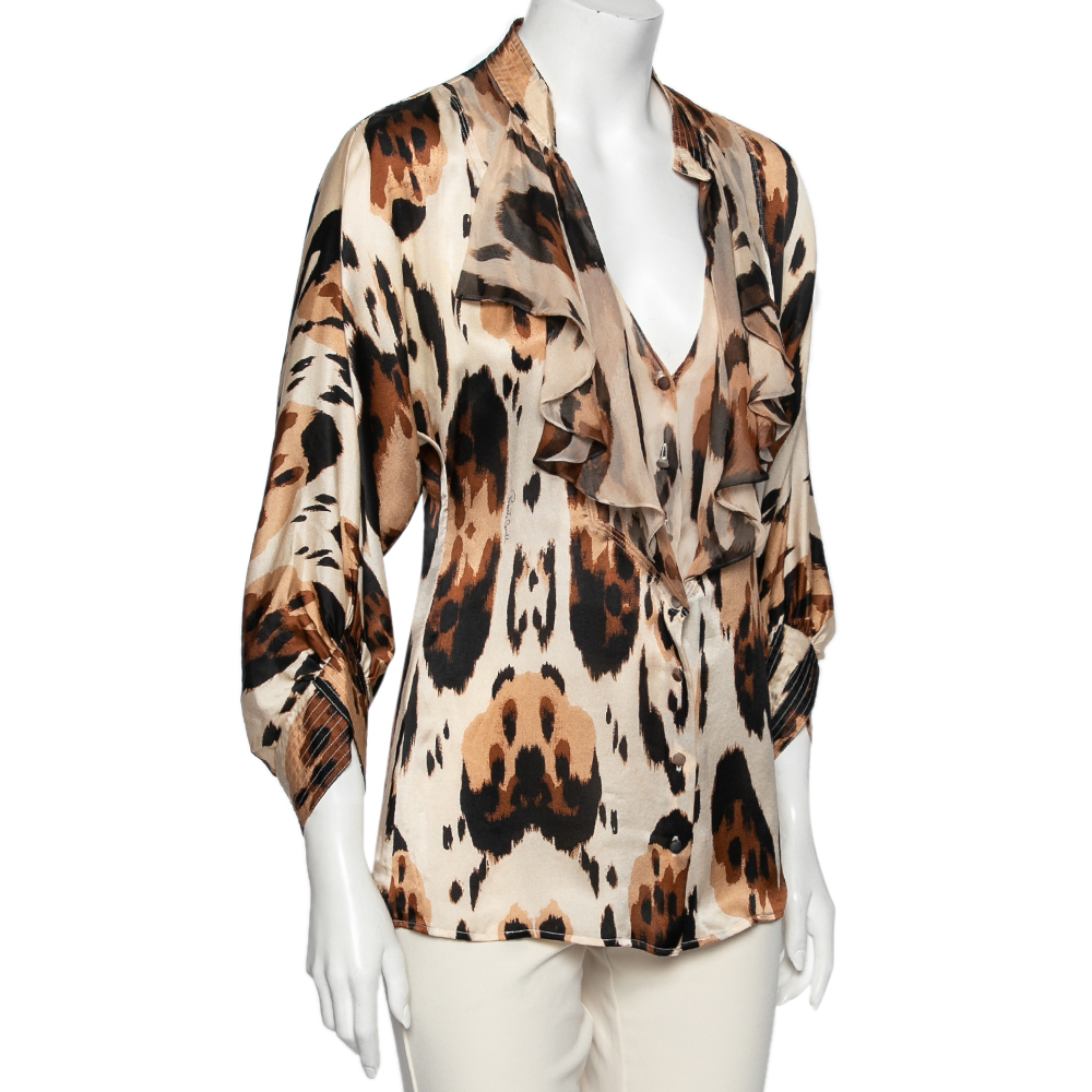 

Roberto Cavalli Beige Animal Printed Silk Ruffle Trimmed Blouse