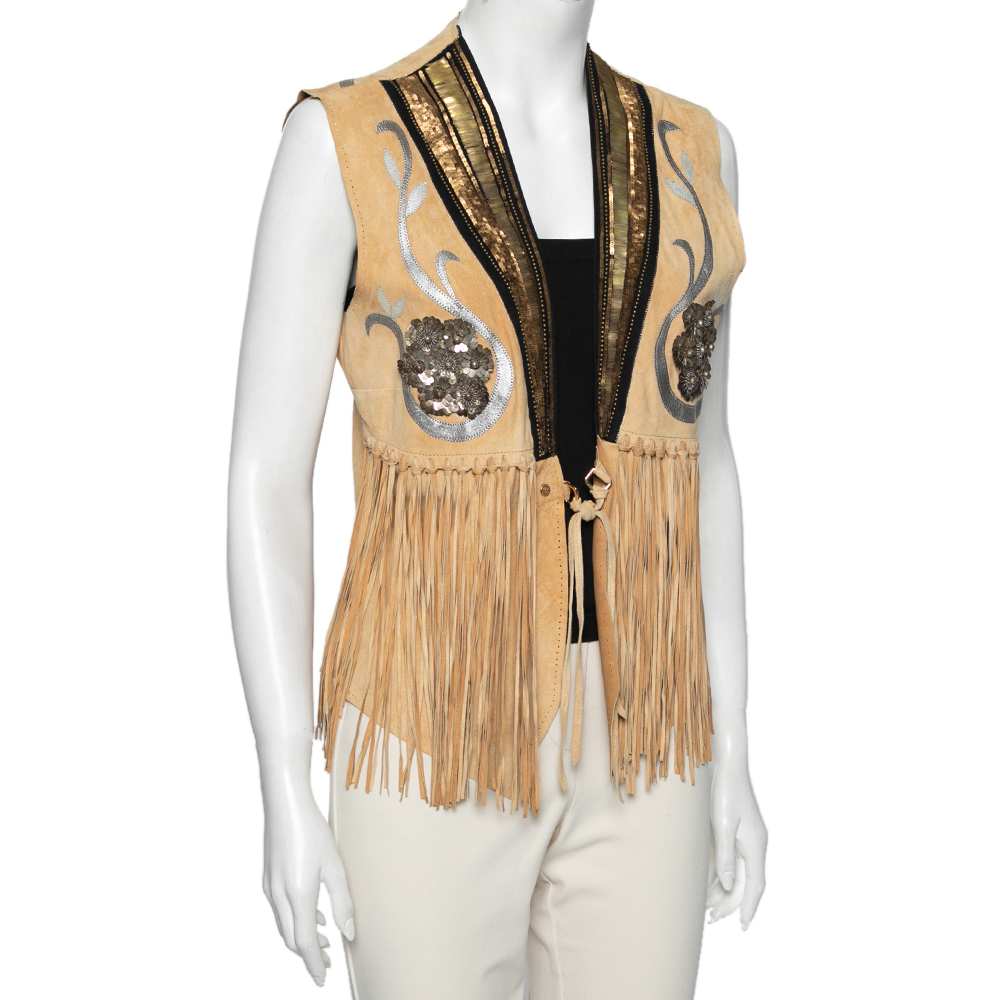 

Roberto Cavalli Tan Suede & Sequin Embellished Fringed Vest