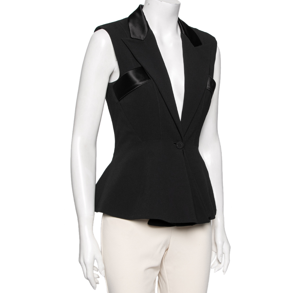 

Roberto Cavalli Black Crepe Satin Trim Sleeveless Blazer
