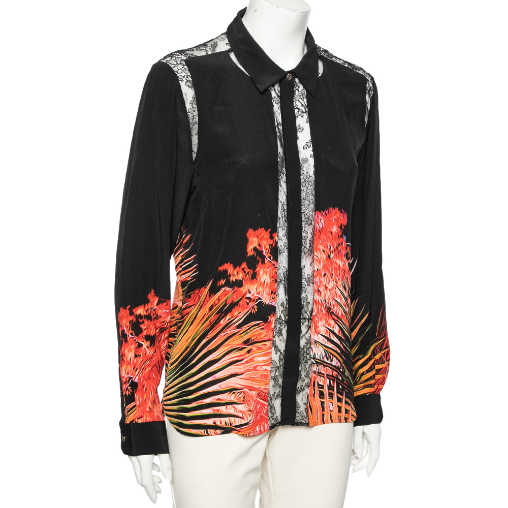 

Roberto Cavalli Black Printed Silk & Lace Inset Detailed Button Front Shirt