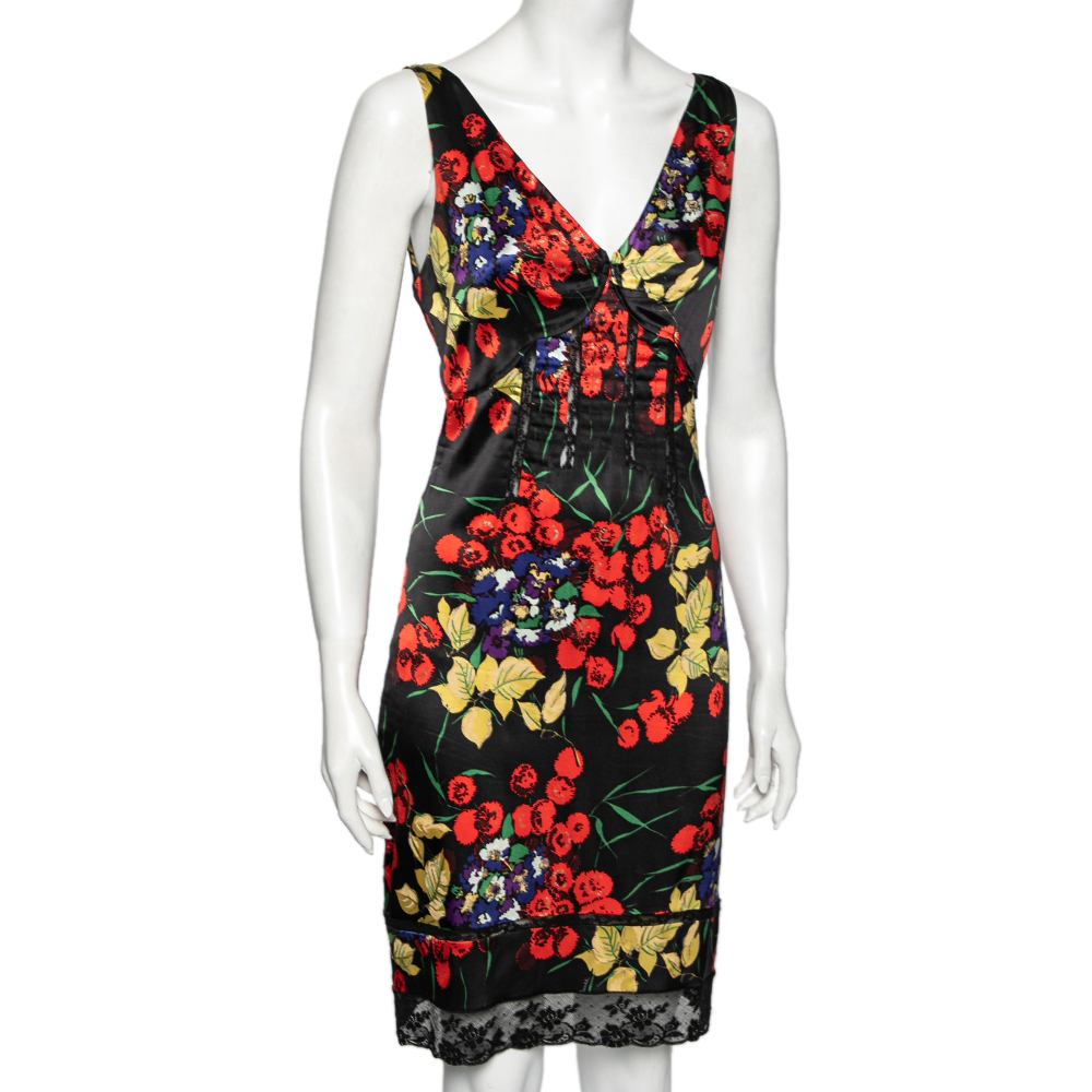 

Roberto Cavalli Black Floral Printed Silk Lace Panel Dress