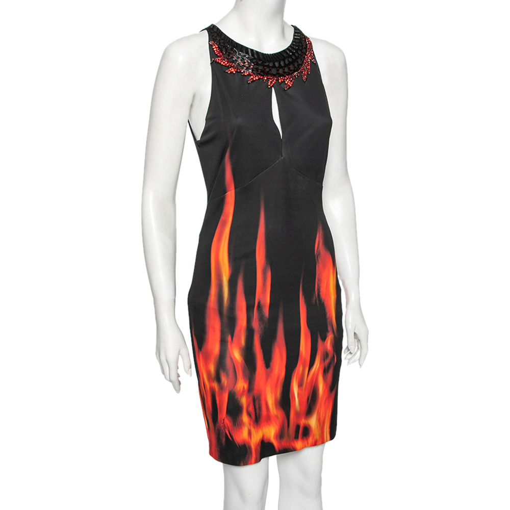 

Roberto Cavalli Black Fire Printed Jersey Embellished Neck Dress