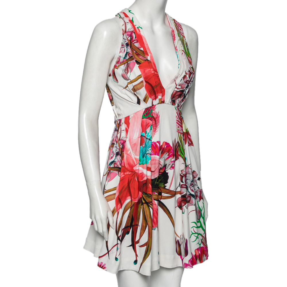 

Roberto Cavalli Multicolor Floral Printed Jersey Pleated Plunging Neck Dress, Metallic