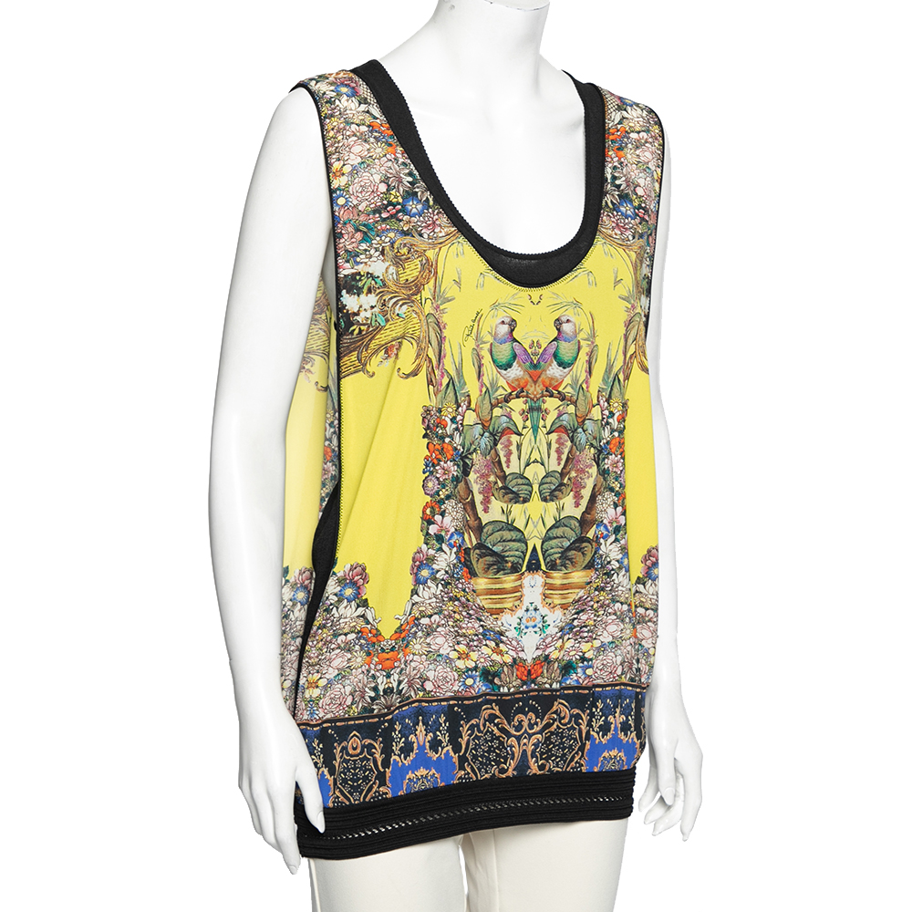 

Roberto Cavalli Yellow Printed Chiffon & Knit Overlay Sleeveless Top