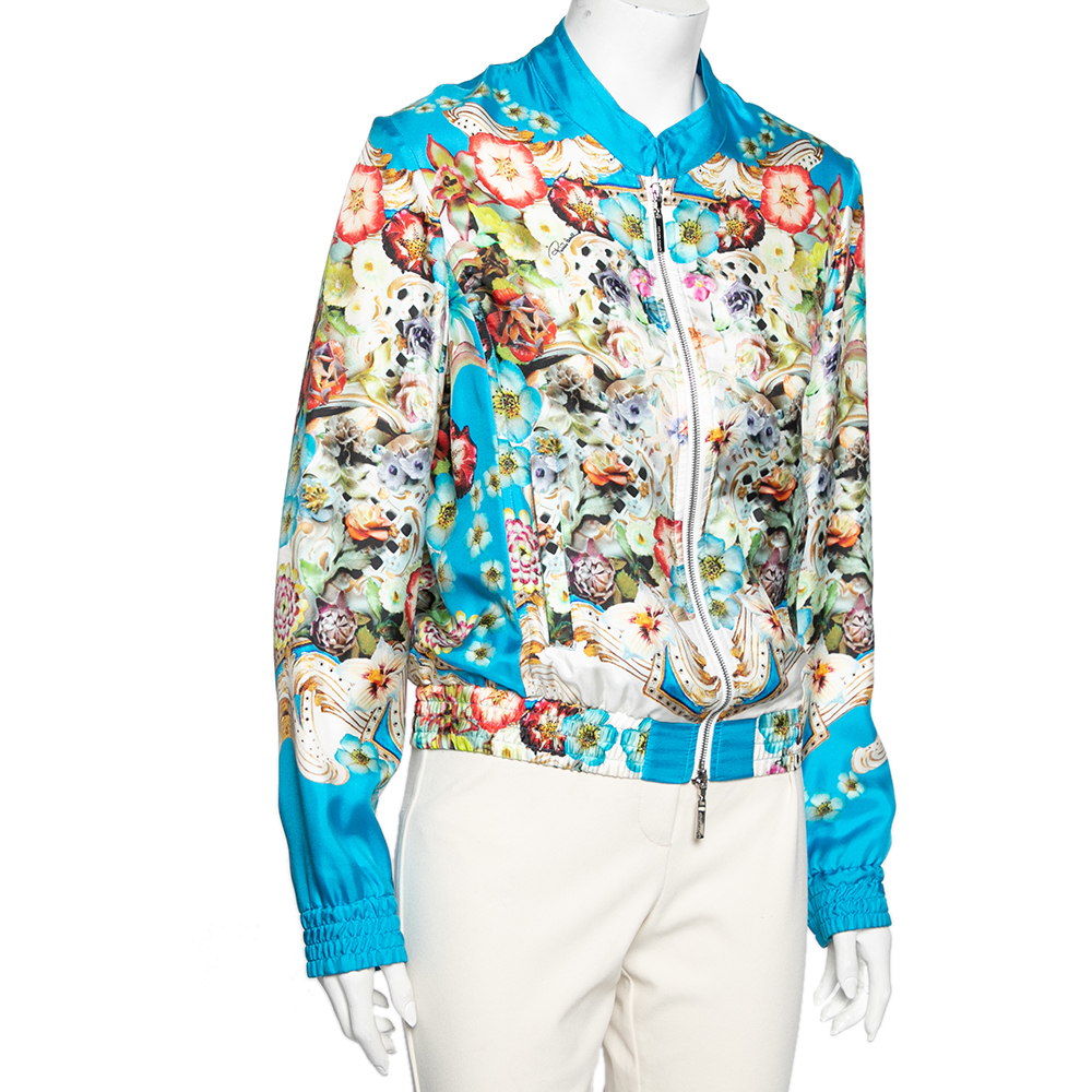 

Roberto Cavalli Blue Floral Printed Silk Zip Front Jacket