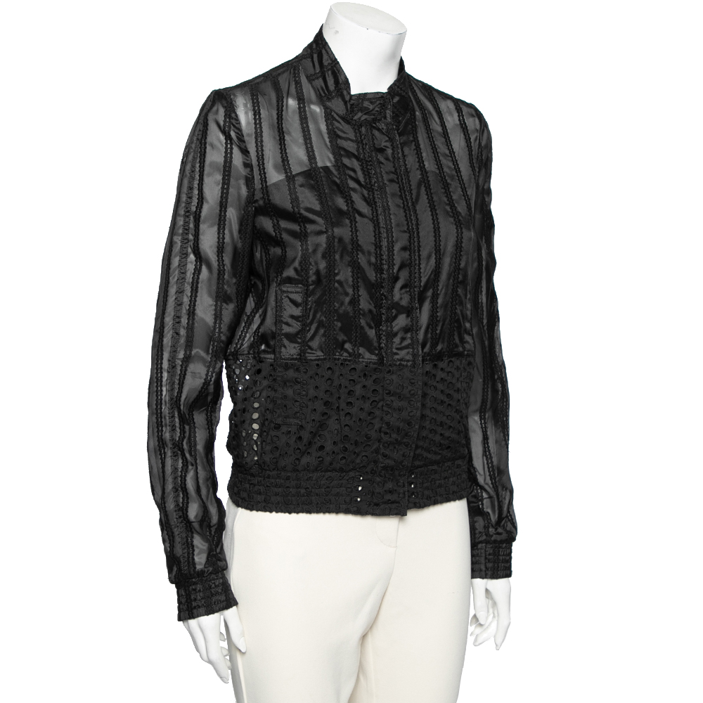 

Roberto Cavalli Black Silk & Cutwork Cotton Zip Front Jacket