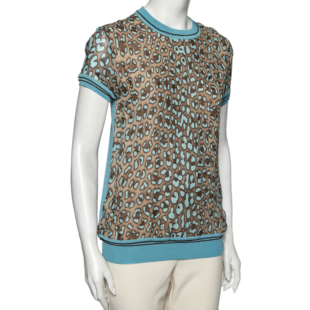 

Roberto Cavalli Blue Animal Printed Silk & Rib Knit Trim T-Shirt