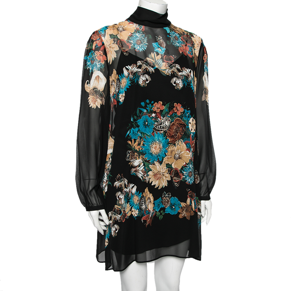 

Roberto Cavalli Black Floral Print Sheer Silk Dress